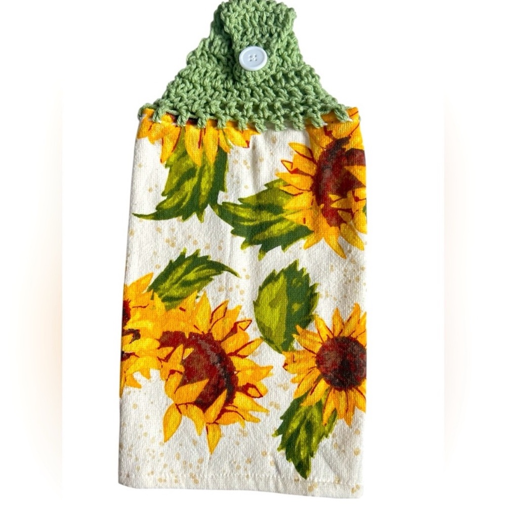 Hand Crafted Colorful Sunflowers Hanging Hand Towel Crochet Top Button Closure